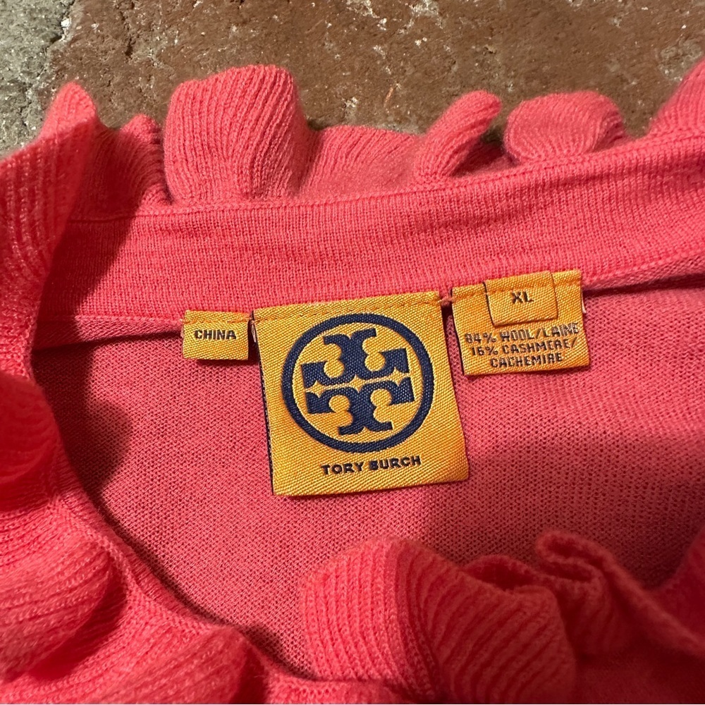 Tory Burch Bright Pink Ruffle Wool Cashmere Button Up Knit Cardigan Sweater XL - Picture 8 of 16